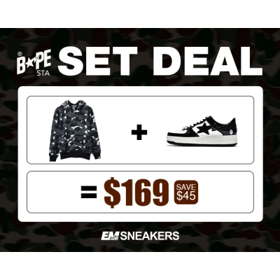 EM Sneakers BAPE Black and White Camouflage Shark Cool Autumn and Winter Shoes and Clothing Set 01