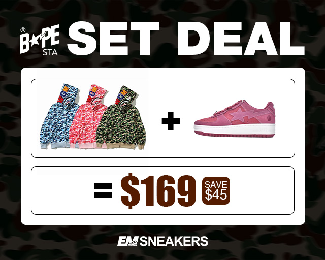 EM Sneakers BAPE Pink Shark Cool Autumn and Winter Shoes and Clothing Set