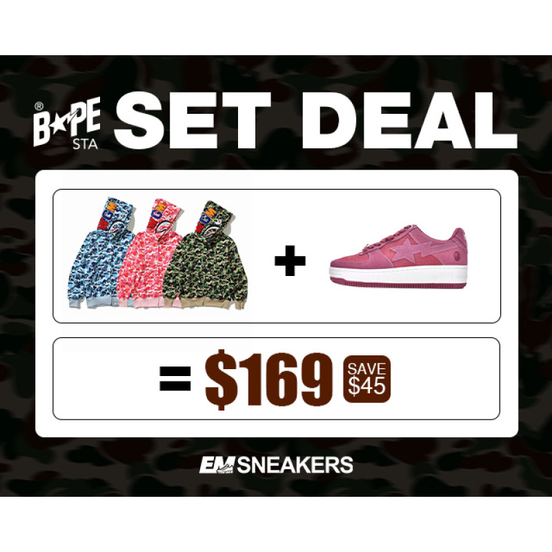 EM Sneakers BAPE Pink Shark Cool Autumn and Winter Shoes and Clothing Set