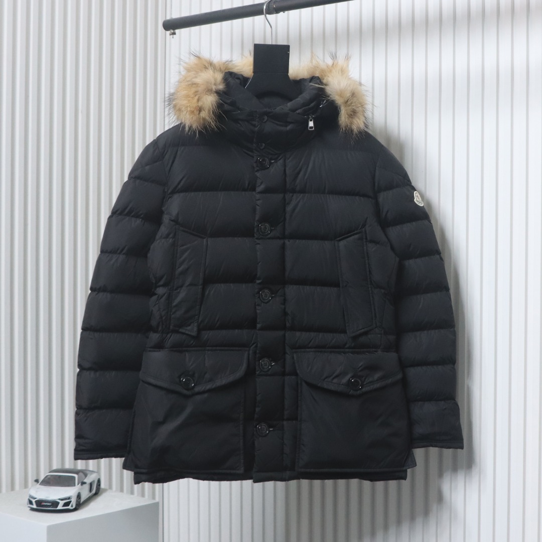 EM Sneakers Moncler Mid-Length Hooded Fur Collar Button Down Jacket Black
