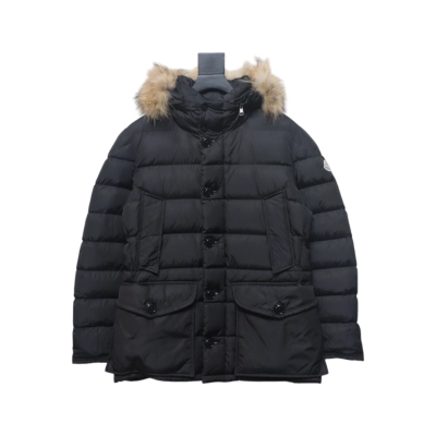 EM Sneakers Moncler Mid-Length Hooded Fur Collar Button Down Jacket Black 01