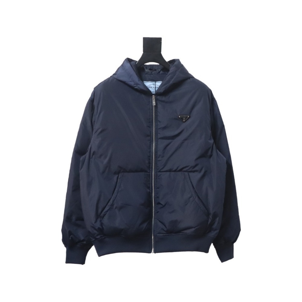 EM Sneakers Prada Triangle Logo Solid Color Hooded Down Jacket Dark Blue