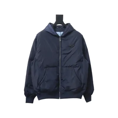 EM Sneakers Prada Triangle Logo Solid Color Hooded Down Jacket Dark Blue 01