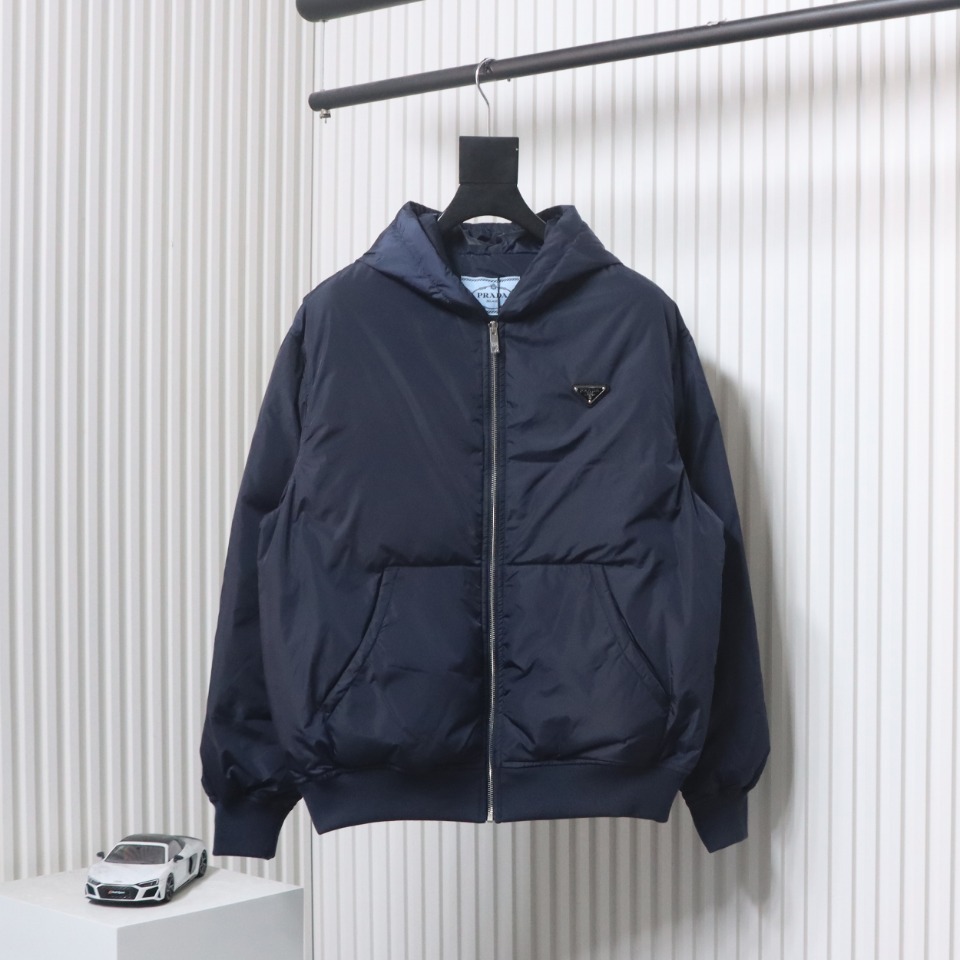 EM Sneakers Prada Triangle Logo Solid Color Hooded Down Jacket Dark Blue
