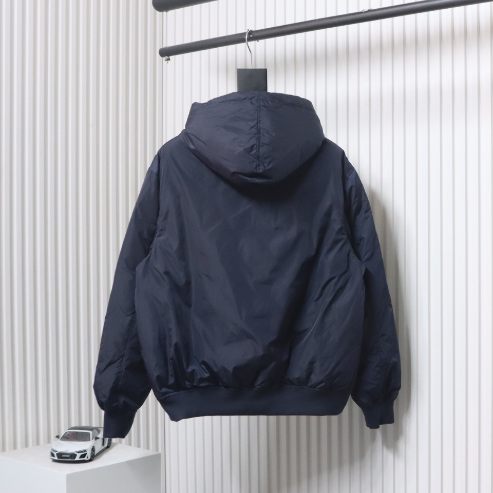 EM Sneakers Prada Triangle Logo Solid Color Hooded Down Jacket Dark Blue