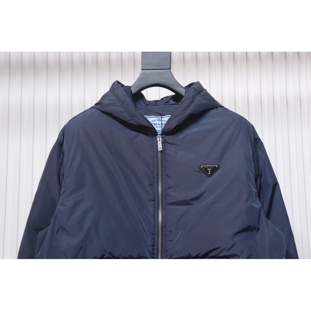 EM Sneakers Prada Triangle Logo Solid Color Hooded Down Jacket Dark Blue