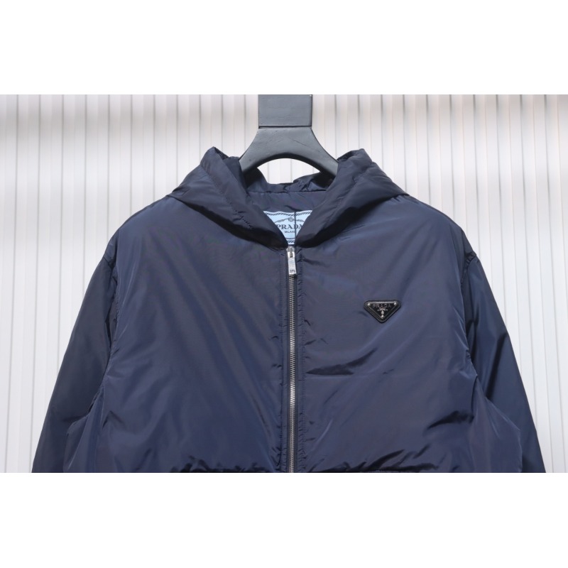 EM Sneakers Prada Triangle Logo Solid Color Hooded Down Jacket Dark Blue