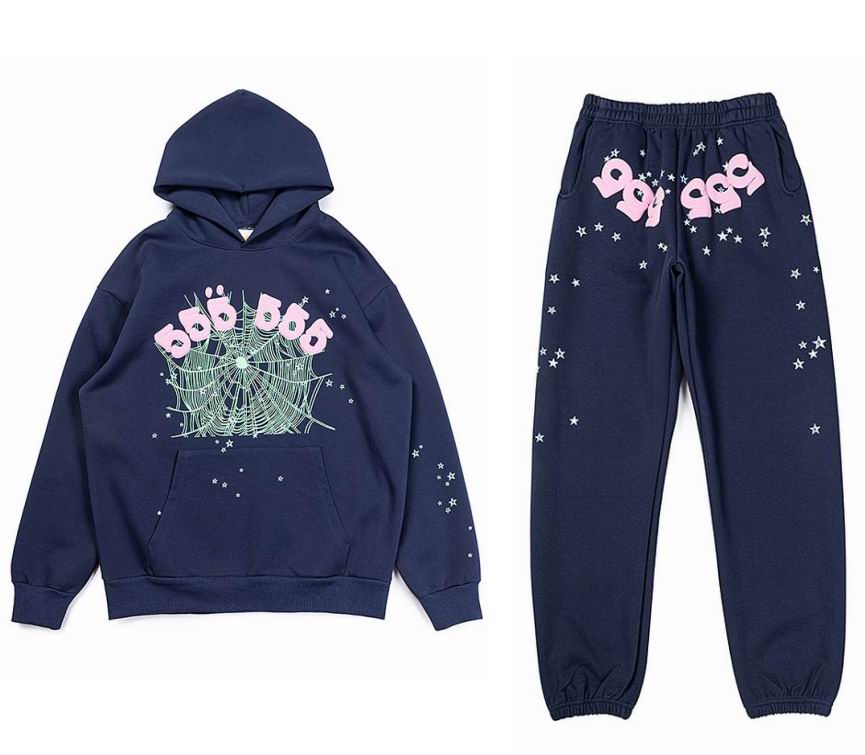 EM Sneakers Sp5der Hoodie & Sweatpant Set Worldwide 555 Angel Number Navy Blue