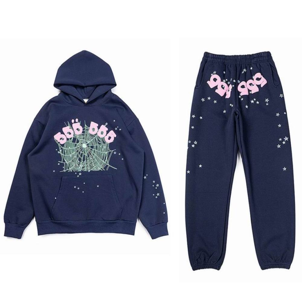 EM Sneakers Sp5der Hoodie & Sweatpant Set Worldwide 555 Angel Number Navy Blue