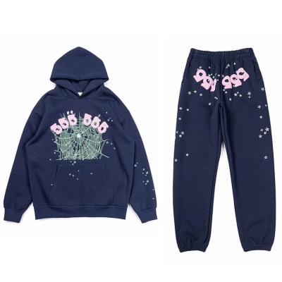 EM Sneakers Sp5der Hoodie & Sweatpant Set Worldwide 555 Angel Number Navy Blue 01