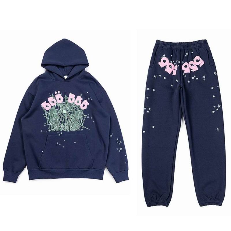 EM Sneakers Sp5der Hoodie & Sweatpant Set Worldwide 555 Angel Number Navy Blue