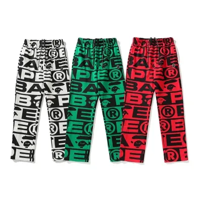 EM Sneakers Bape FW23 Full-print Letter Series Shark Loose Version Trousers and Sweatpants White & Green & Red 01