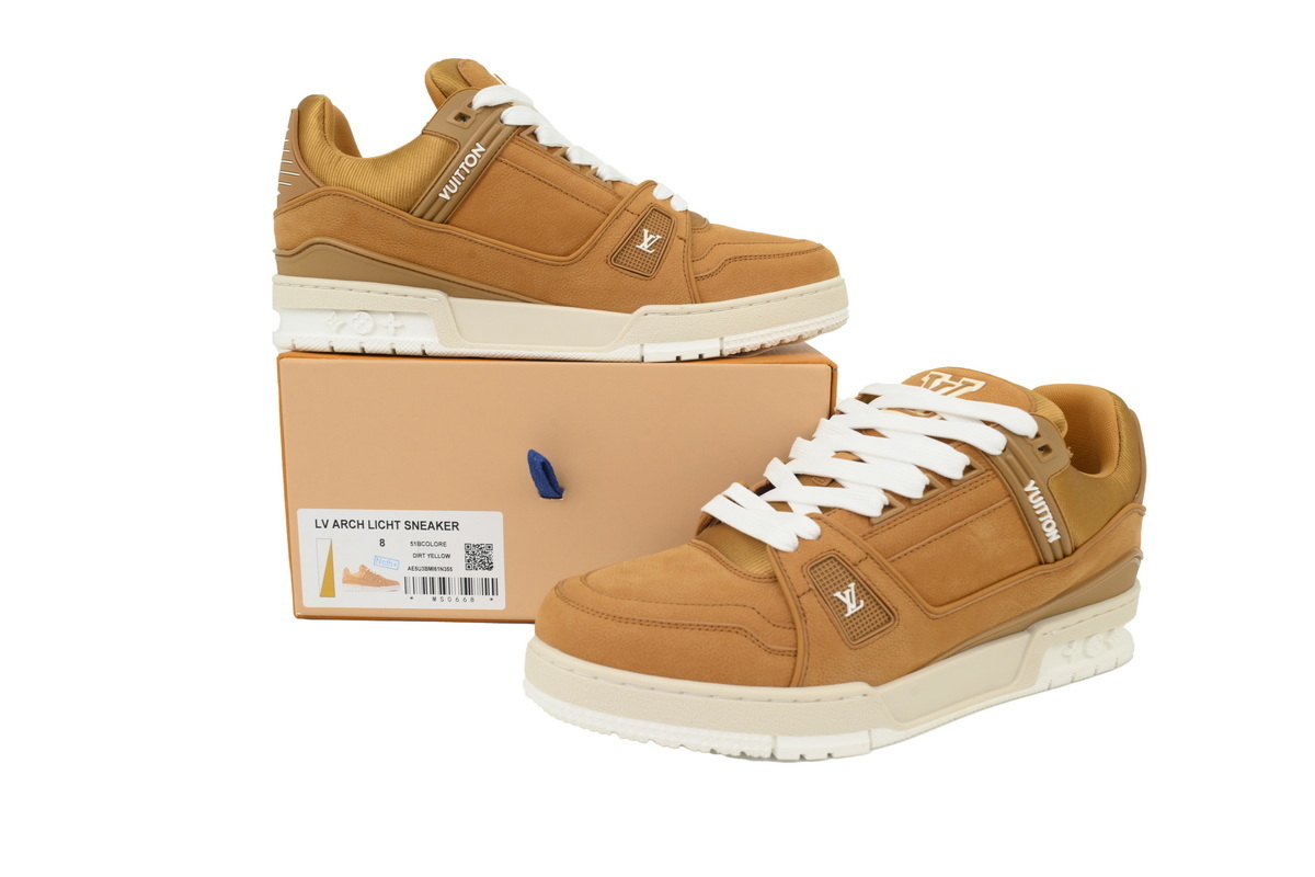 EM Sneakers Louis Vuitton LV Trainer Brown Skin With White Background