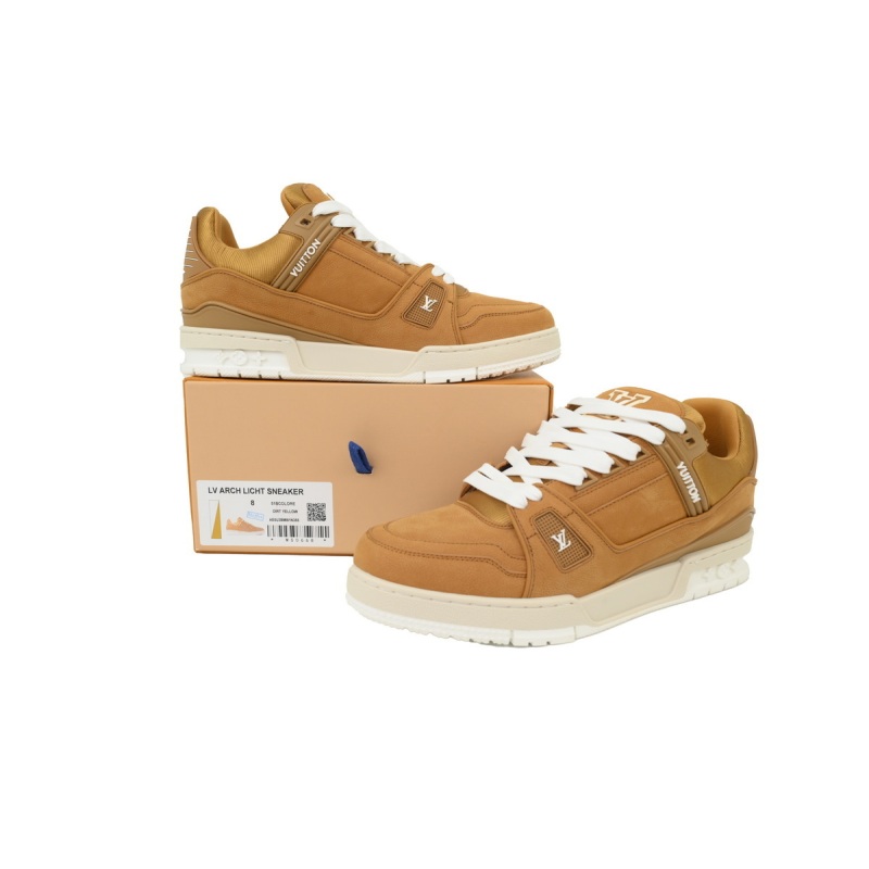 EM Sneakers Louis Vuitton LV Trainer Brown Skin With White Background