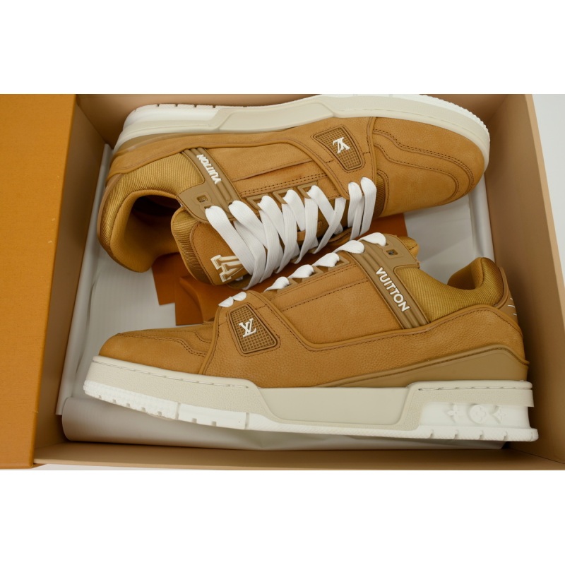 EM Sneakers Louis Vuitton LV Trainer Brown Skin With White Background