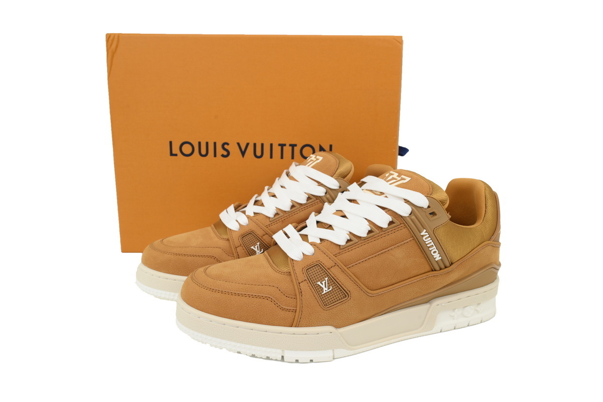 EM Sneakers Louis Vuitton LV Trainer Brown Skin With White Background