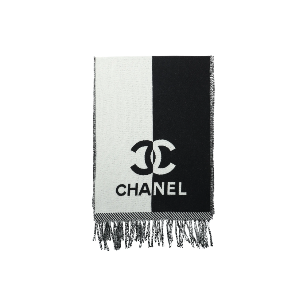 EM Sneakers Chanel Fringed Scarf with White and Black Colorblock Logo