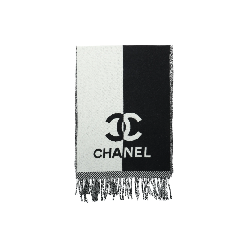 EM Sneakers Chanel Fringed Scarf with White and Black Colorblock Logo