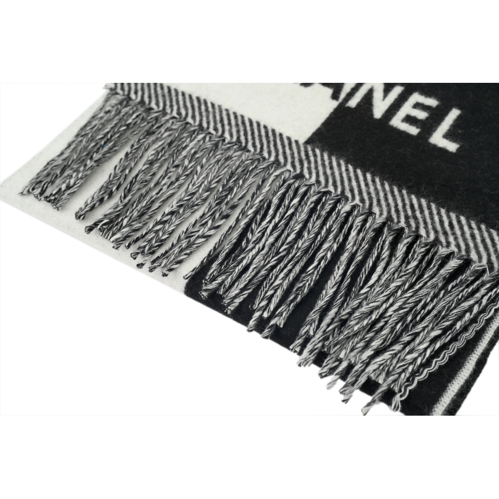 EM Sneakers Chanel Fringed Scarf with White and Black Colorblock Logo