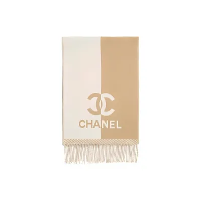 EM Sneakers Chanel Fringed Scarf with White and Brown Colorblock Logo 01