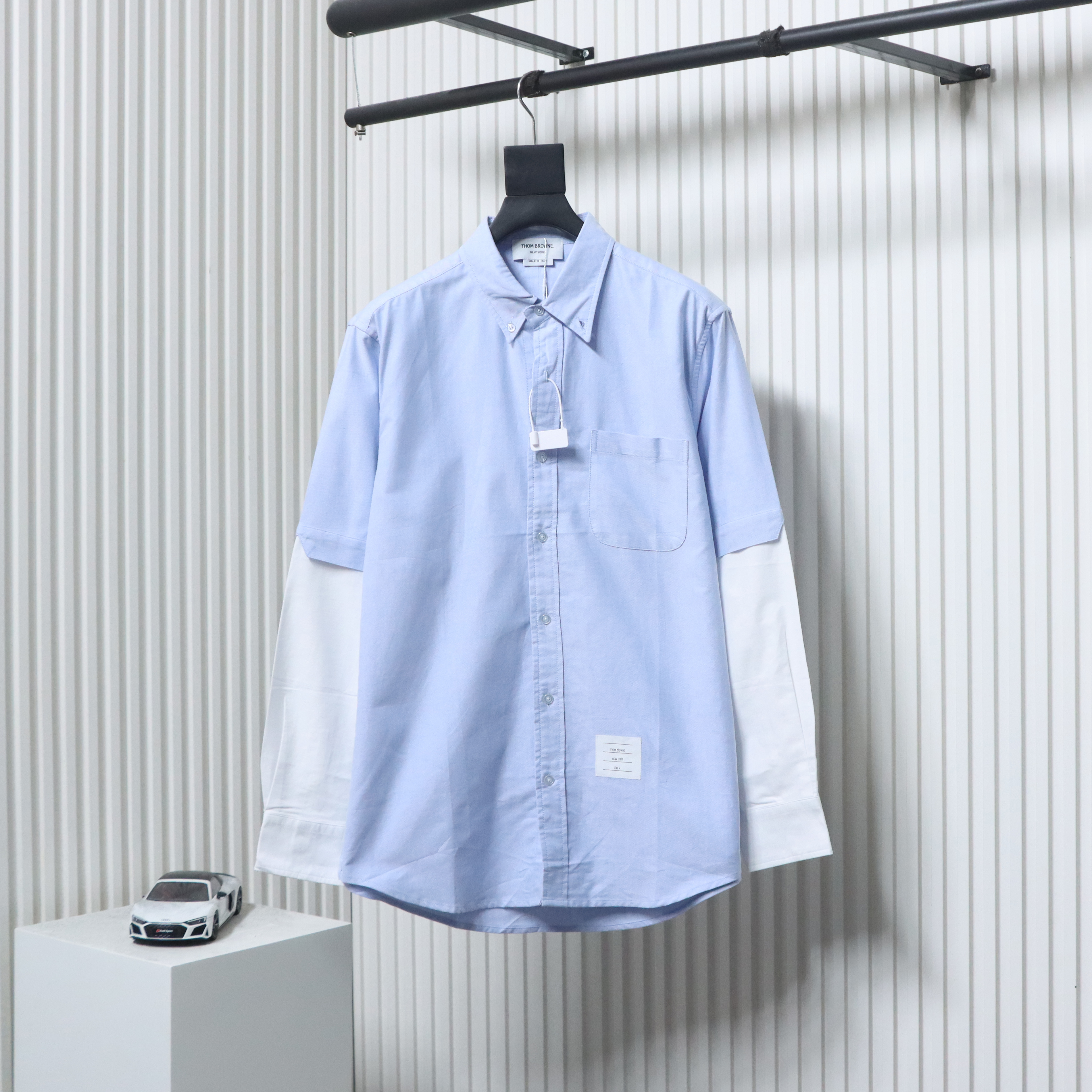 EM Sneakers Thom Browne Blue and White Patchwork Long Sleeve Shirt