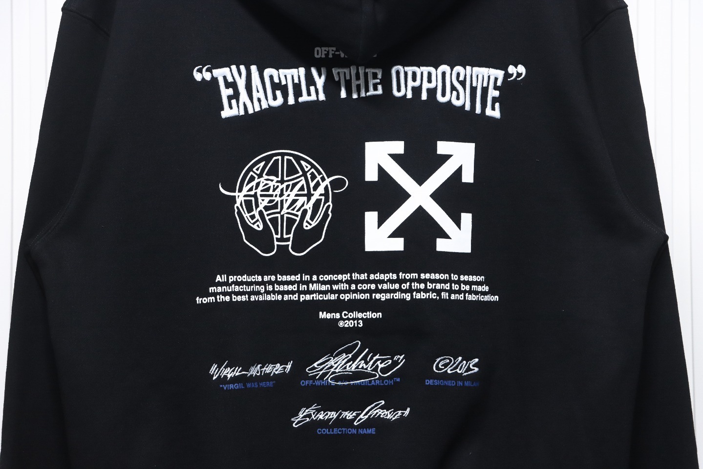 EM Sneakers Off-White Hoodie Black Embroidered Blue Lettering Print