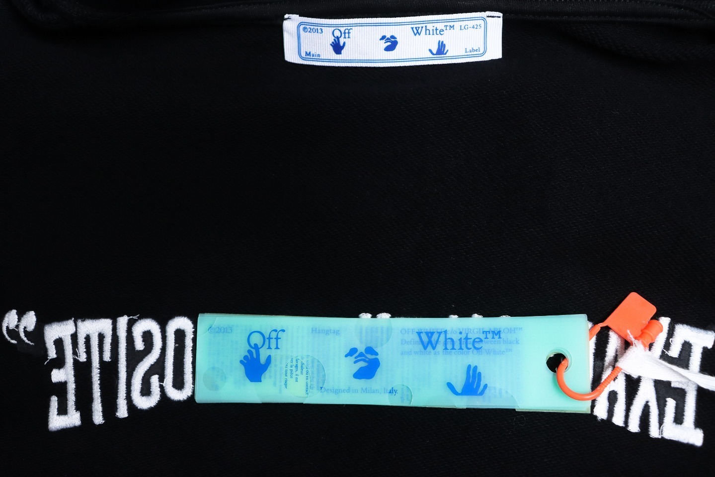 EM Sneakers Off-White Hoodie Black Embroidered Blue Lettering Print