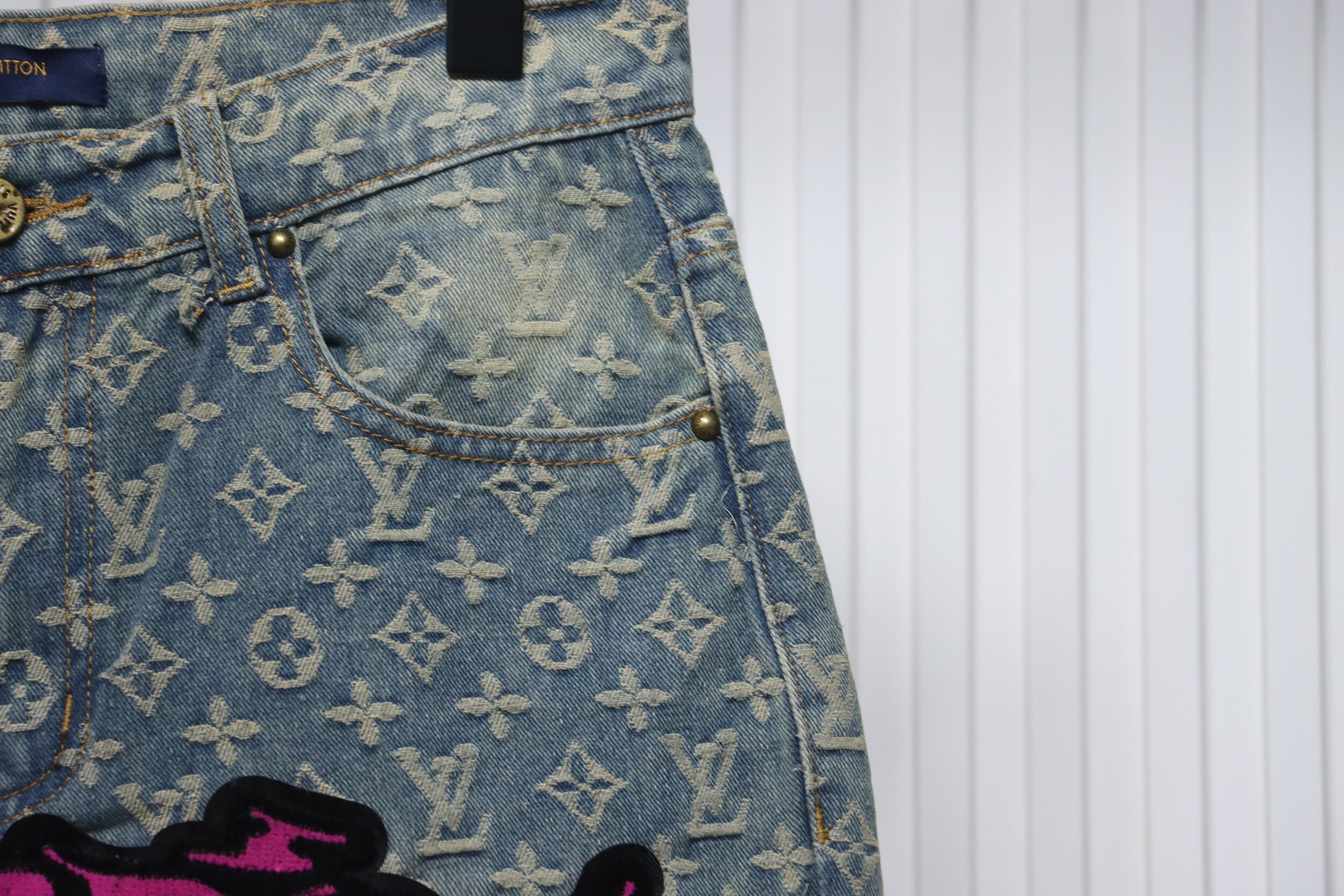 EM Sneakers Louis Vuitton Graffiti Gradient Embroidery Jeans Vintage Blue