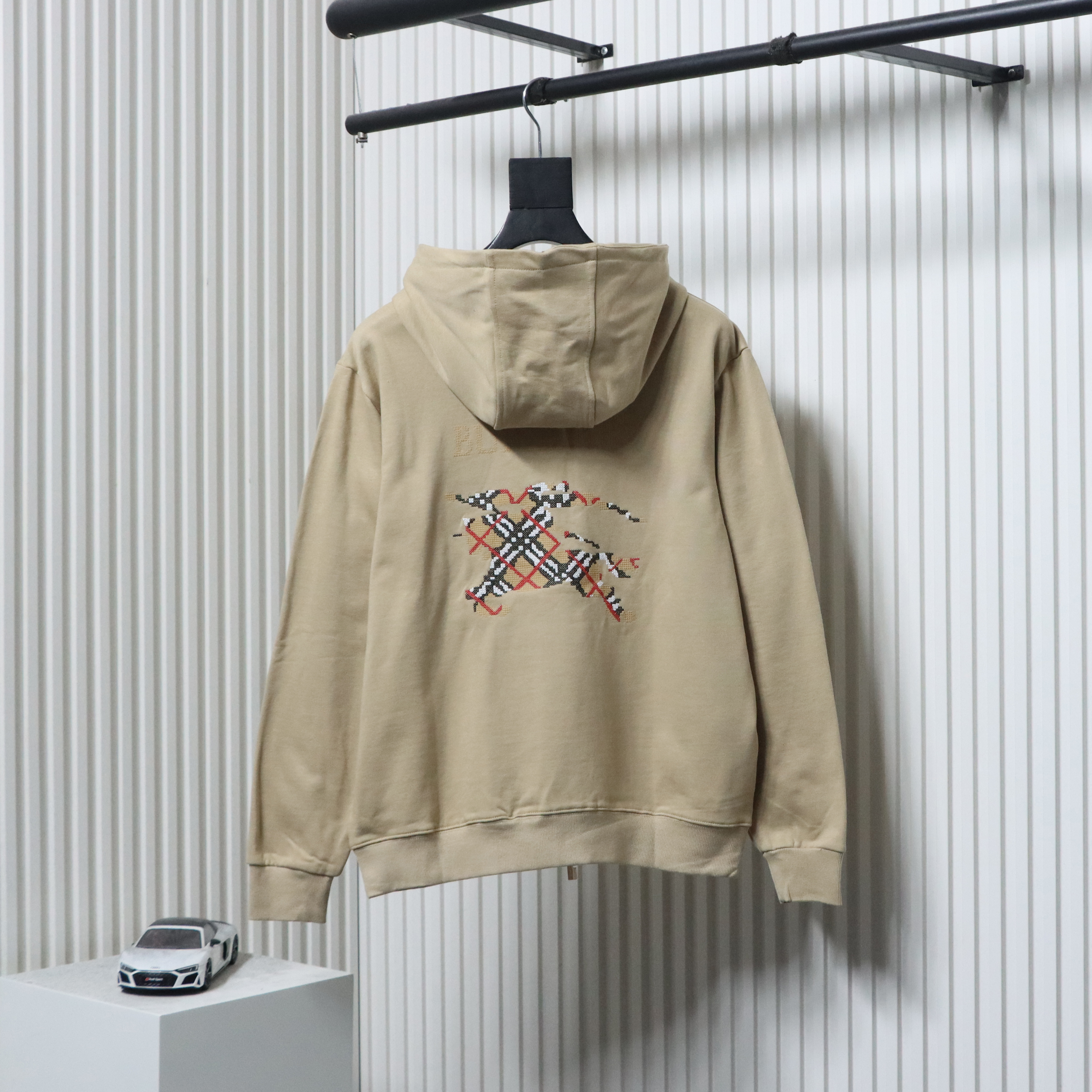 EM Sneakers Burberry War Horse Cross-Stitch Print Zip-Up Hoodie Apricot
