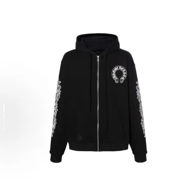 EM Sneakers Chrome Hearts Horseshoe Floral Cross-Sleeve Zip Up Hoodie Black White 01