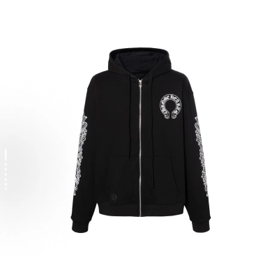 EM Sneakers Chrome Hearts Horseshoe Floral Cross-Sleeve Zip Up Hoodie Black White 01
