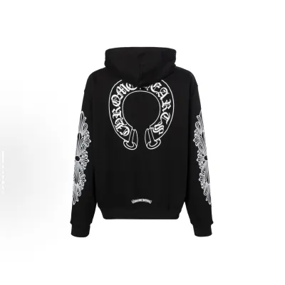EM Sneakers Chrome Hearts Horseshoe Floral Cross-Sleeve Zip Up Hoodie Black White 02