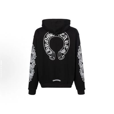 EM Sneakers Chrome Hearts Horseshoe Floral Cross-Sleeve Zip Up Hoodie Black White 02