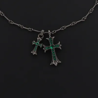 EM Sneakers Chrome Hearts Double Cross Bamboo Necklace Green Diamond/Black 02