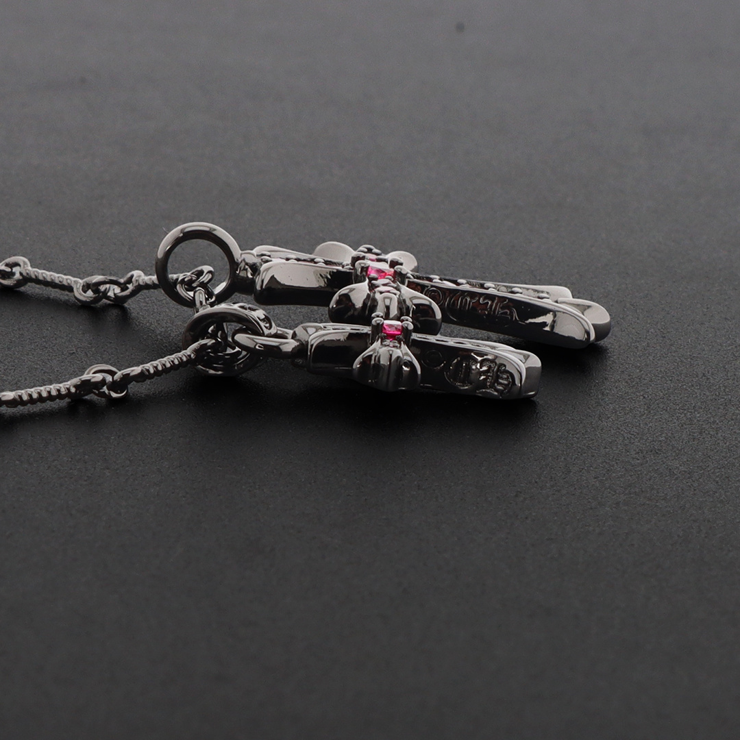 EM Sneakers Chrome Hearts Double Cross Bamboo Necklace Rose Red Diamond/Black