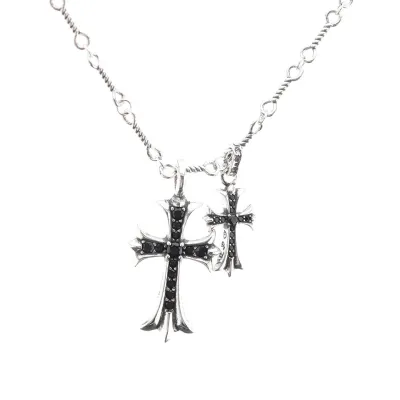 EM Sneakers Chrome Hearts Double Cross Black Diamond Bamboo Necklace Silver 01