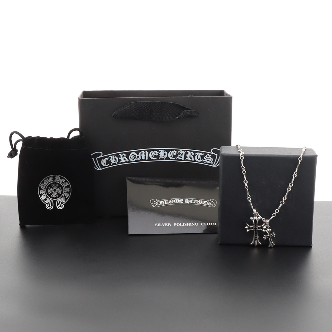 EM Sneakers Chrome Hearts Double Cross Black Diamond Bamboo Necklace Silver