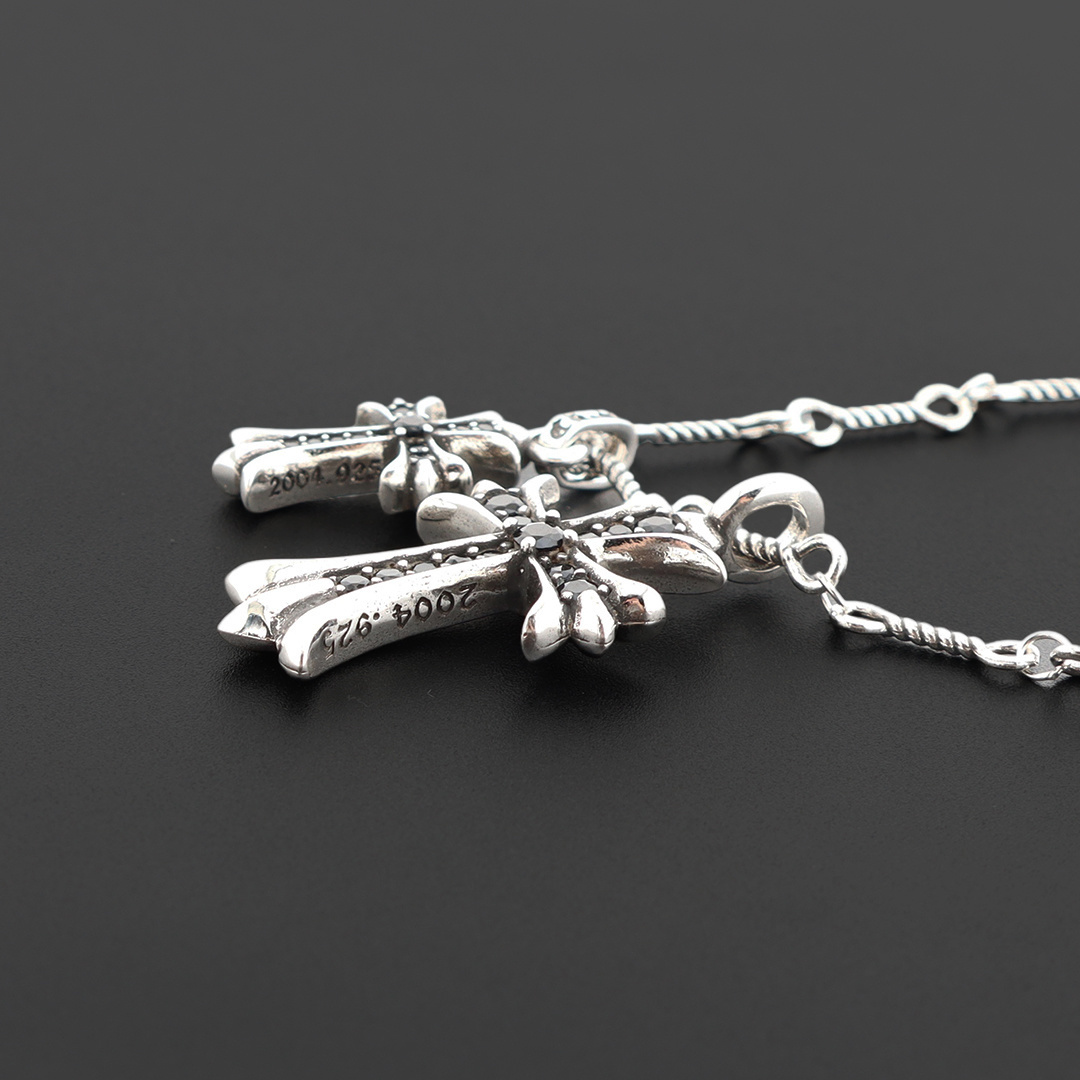 EM Sneakers Chrome Hearts Double Cross Black Diamond Bamboo Necklace Silver