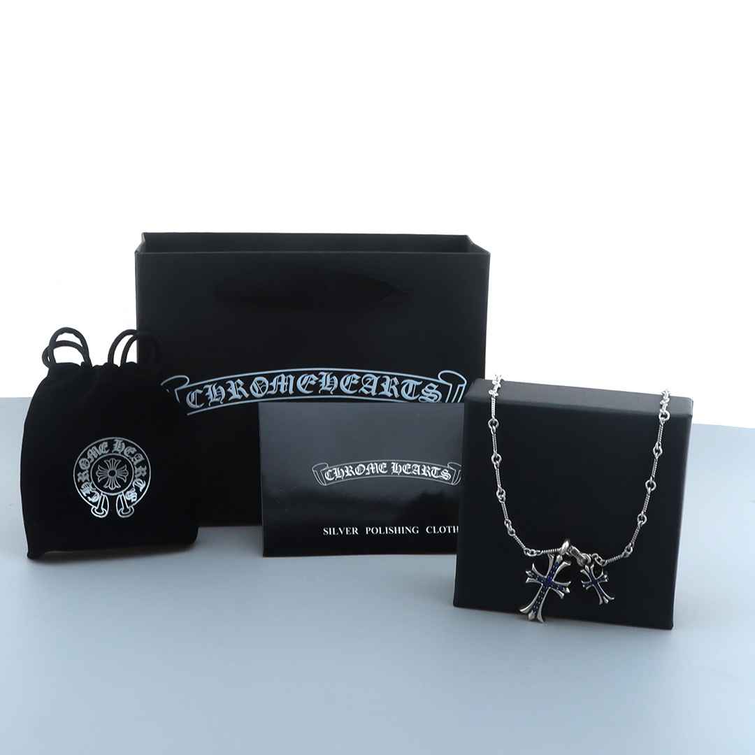 EM Sneakers Chrome Hearts Double Cross Blue Diamond Bamboo Necklace Silver