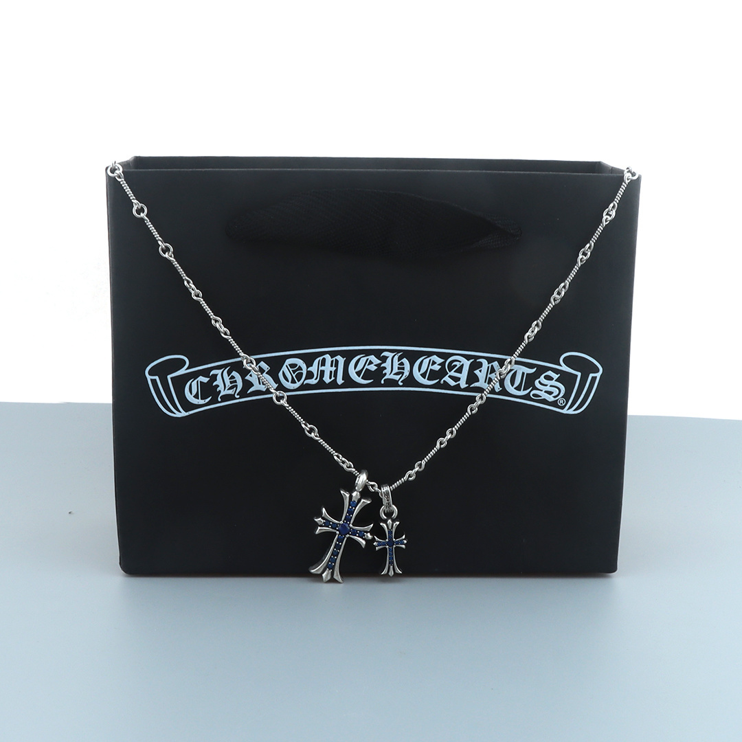 EM Sneakers Chrome Hearts Double Cross Blue Diamond Bamboo Necklace Silver