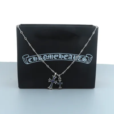 EM Sneakers Chrome Hearts Double Cross Blue Diamond Bamboo Necklace Silver 02