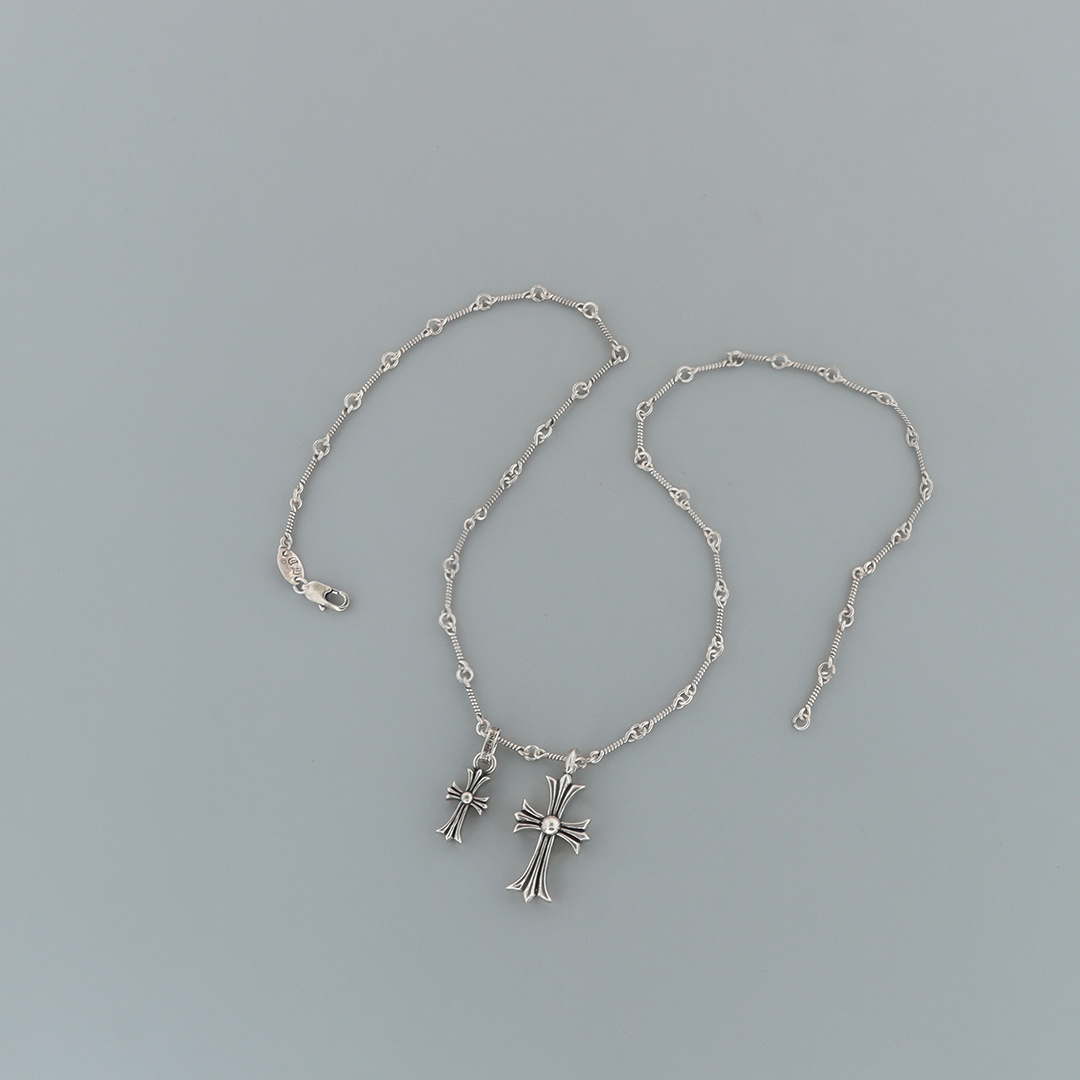 EM Sneakers Chrome Hearts Double Cross Blue Diamond Bamboo Necklace Silver