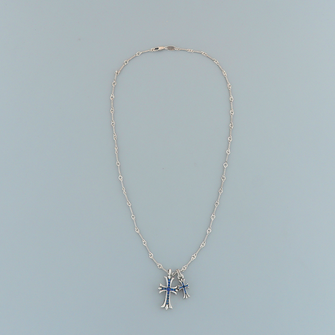 EM Sneakers Chrome Hearts Double Cross Blue Diamond Bamboo Necklace Silver