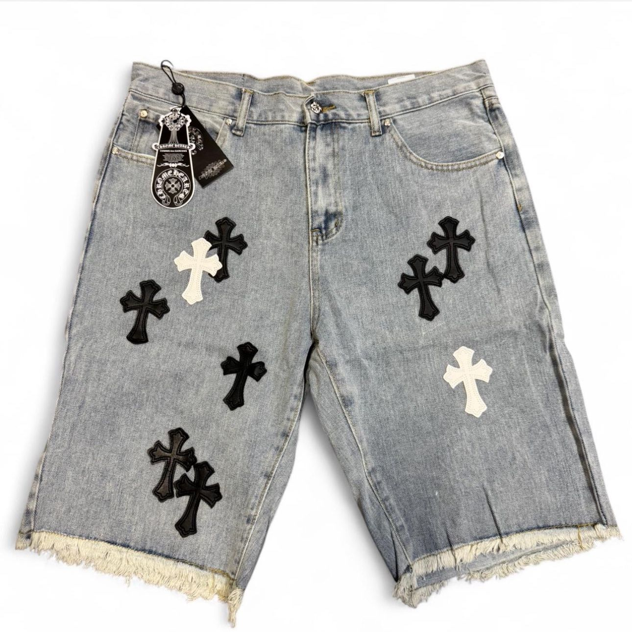 EM Sneakers Chrome Hearts Black and White Cross Print Short Jean Light Blue