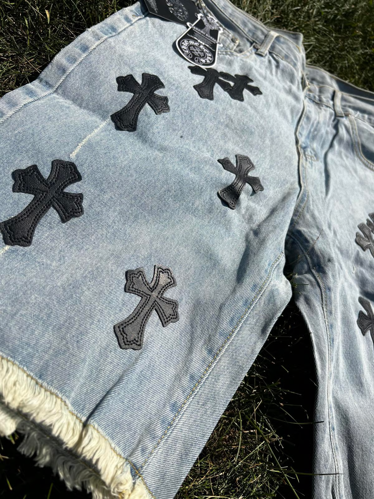 EM Sneakers Chrome Hearts Black Cross Print Short Jean Light Blue