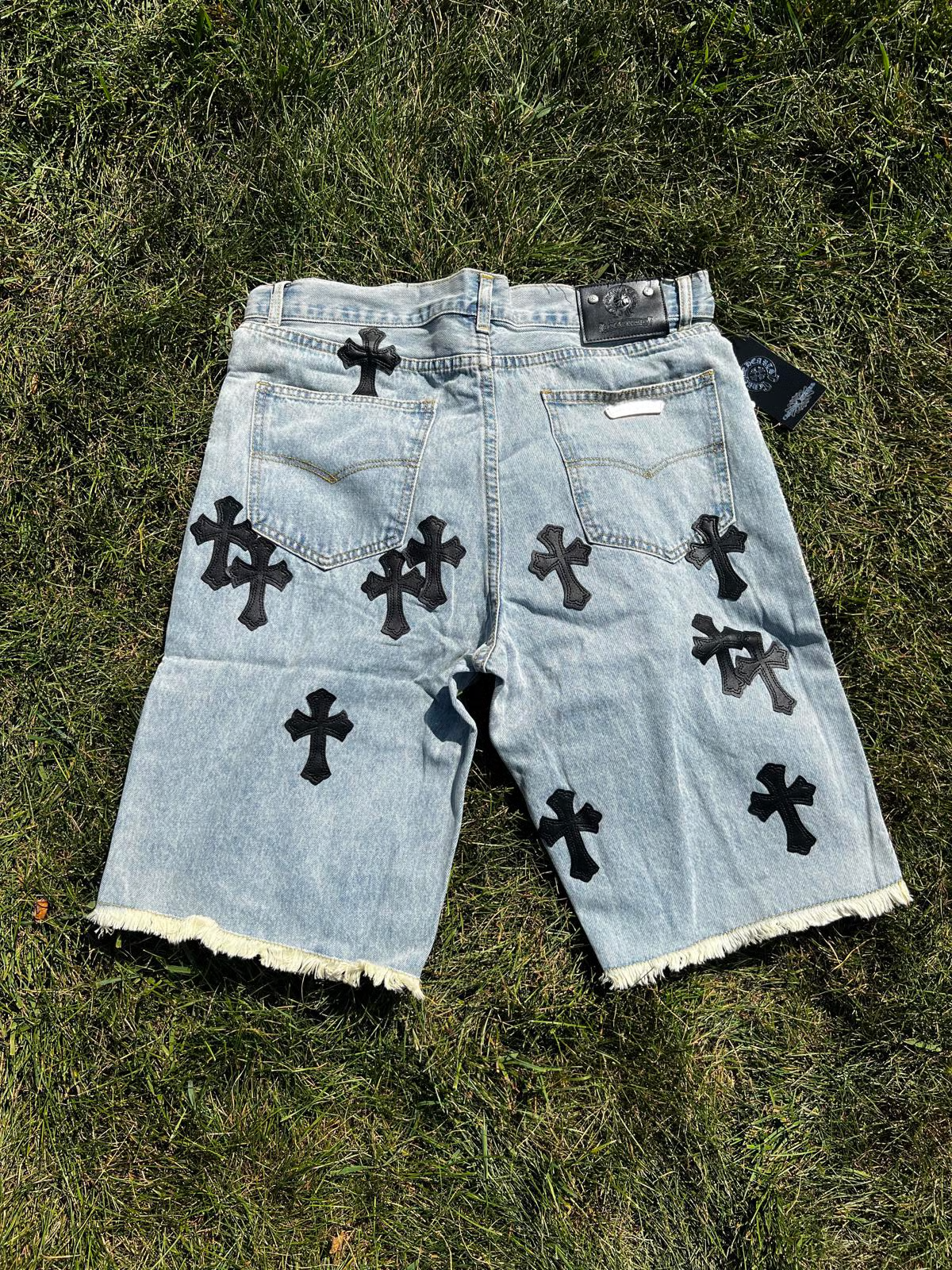EM Sneakers Chrome Hearts Black Cross Print Short Jean Light Blue