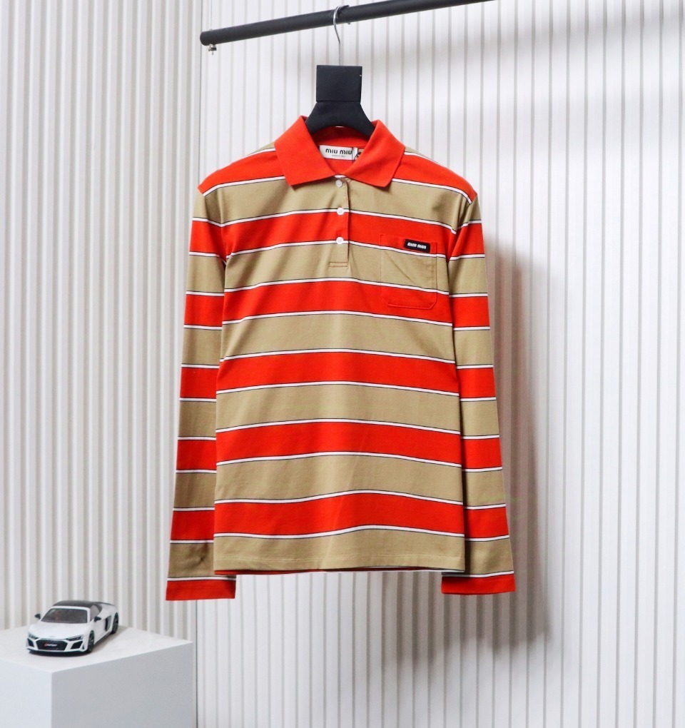 EM Sneakers Miu Miu Unisex Stripes Long Sleeve Polo with Logo In Orange