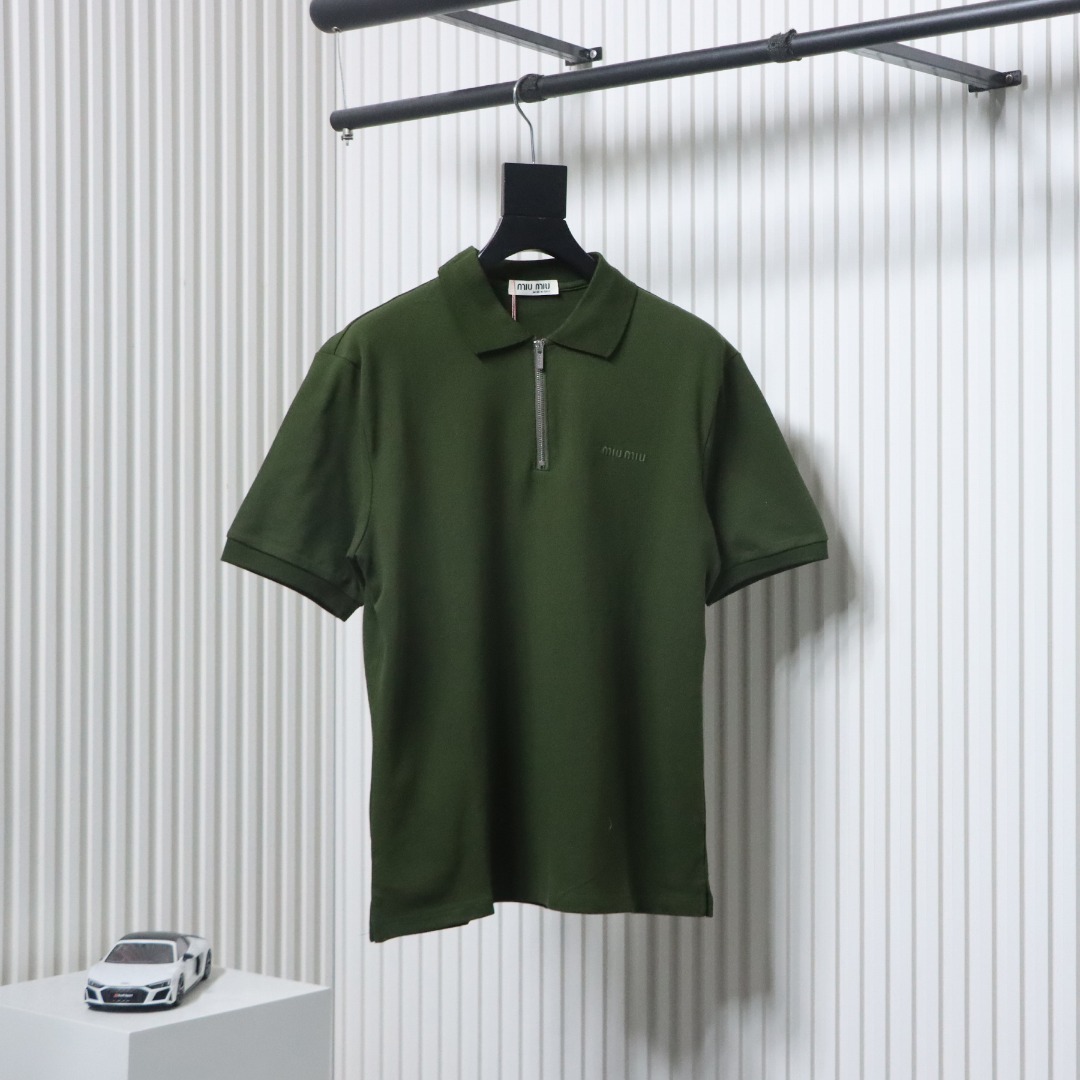 EM Sneakers Miu Miu Dark Green Cotton Polo T-shirt with Zipper