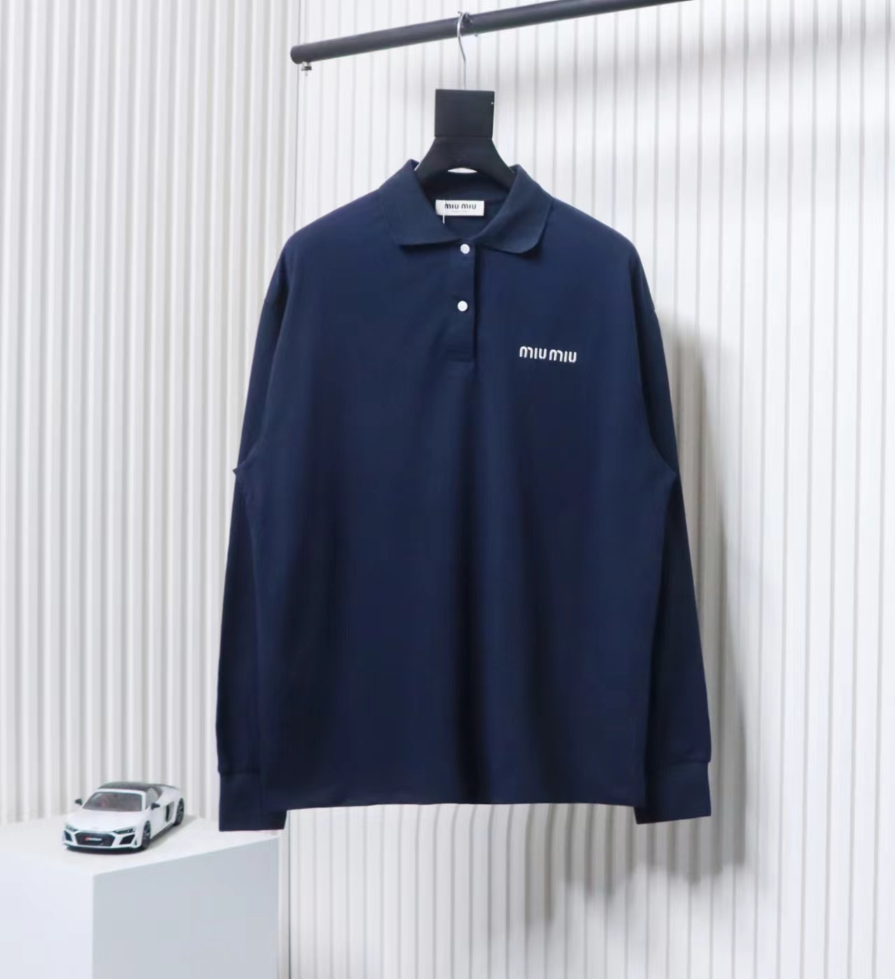 EM Sneakers Miu Miu Long Sleeve Polo with Logo In Navy