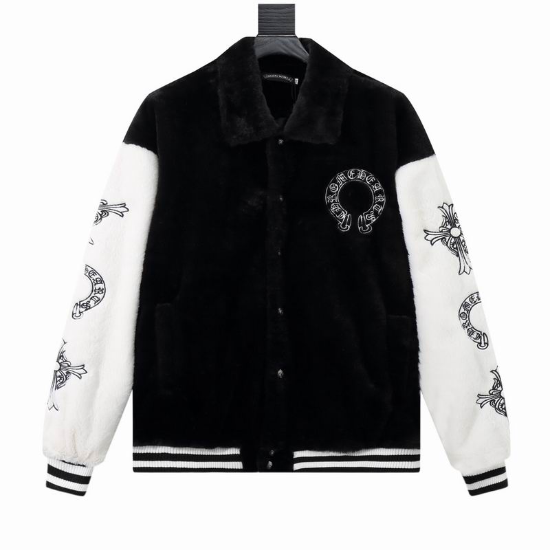 EM Sneakers Chrome Hearts Cross Embroidered Letter Leather Sleeve Patchwork Baseball Jacket (Black and White)